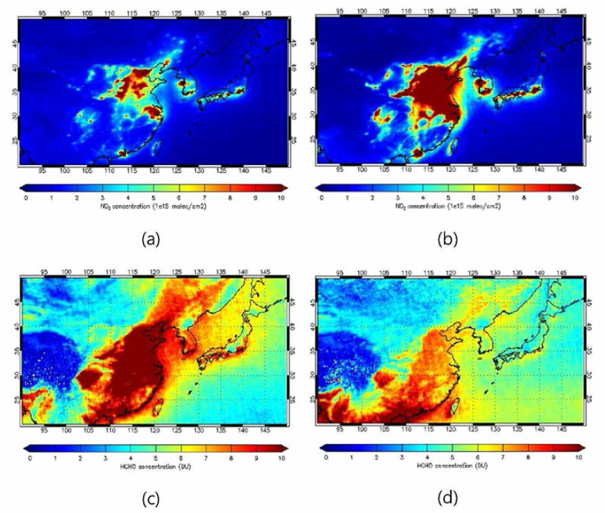 Spatial distribution of averaged OMI ozone precursors concentrations between 2005 and 2014 of East-asia: NO2 (a: ozone season, b: non-ozone season) and HCHO (c: ozone season, d: non-ozone season)