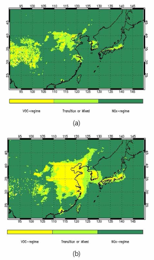 Spatial distribution of averaged O3 formation sensitivity between 2005 and 2014 of East-asia: (a) ozone season, (b) non-ozone season