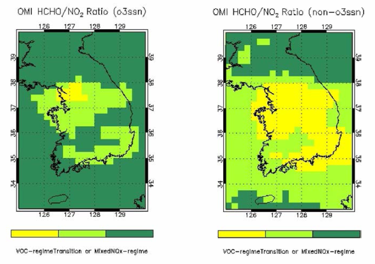 Spatial distribution of averaged 〇3 formation sensitivity between 2005 and 2014 of South Korea: (a) ozone season, (b) non-ozone season