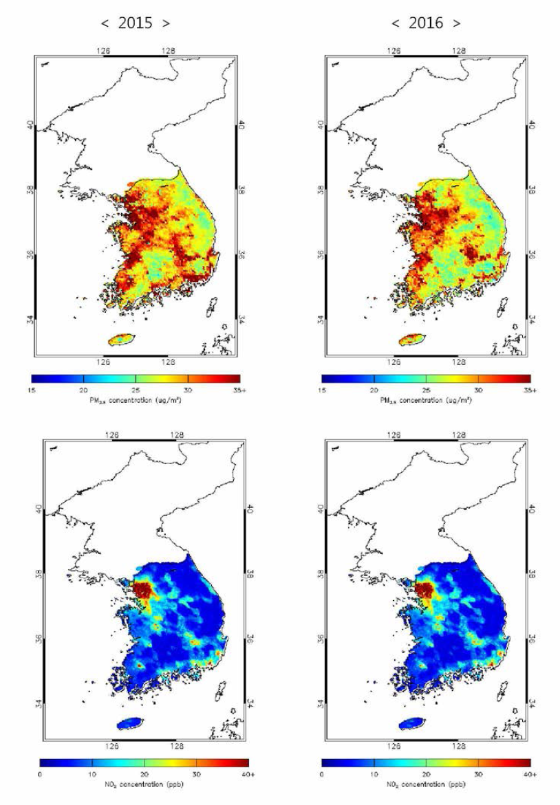 Spatial distribution of annual mean PM2.5 (top) and NO2 (bottom) concentration