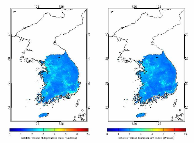 Annual mean SATMPI without NO2 in 2015 (left) and 2016 (right)