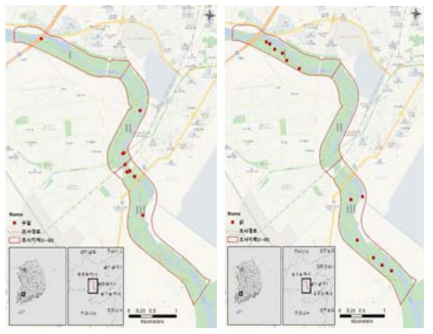 Distribution map of Lutra lutra(left) and Preonailurus bengalensis(right) in Jangrok wetland