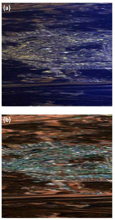 2018년 10월 21일 12시 10-12분 비행 고도 4 km에서 (a) UV, (b) VNIR 초분광계로 관측한 도심지 항공 관측 RGB 이미지