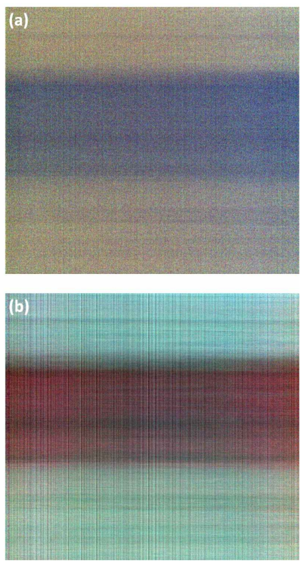 2018년 10월 21일 11시 23-24분 비행 고도 0.5 km에서 (a) UV, (b) VNIR 초분광계로 관측한 해상 항공 관측 RGB 이미지
