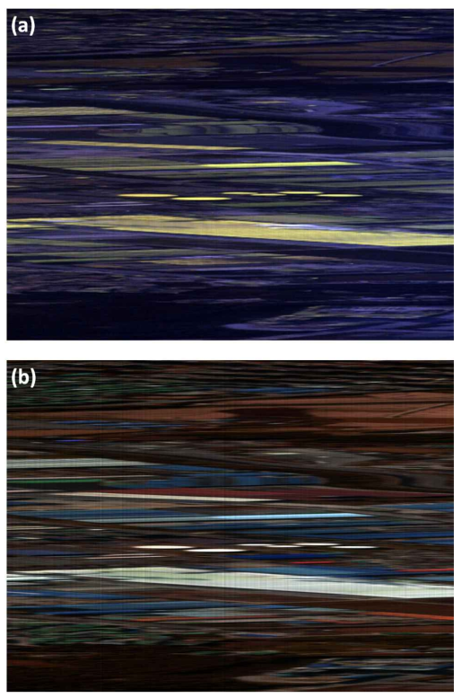 2018년 10월 21일 10시 53-54분 비행 고도 1 km에서 (a) UV, (b) VNIR 초분광계로 관측한 산업단지 항공 관측 RGB 이미지