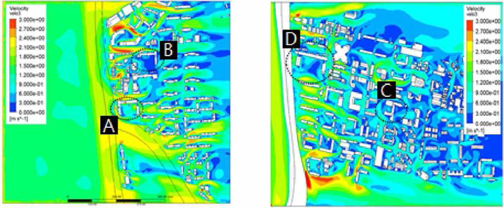 Simulation results for distribution of wind velocity in studied areas