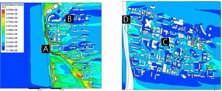 Simulation results for distribution of PM2.5 in studied areas