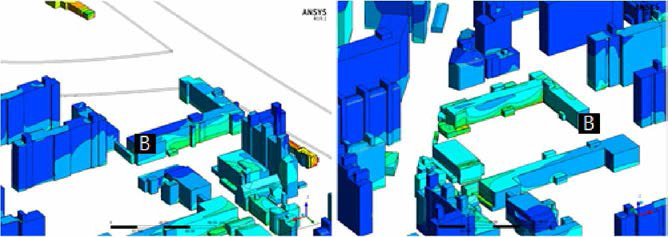 Simulation results for distribution of PM2.5 on surface of indoor sports facility B (Left : South-West view point, Right : North-East view point)