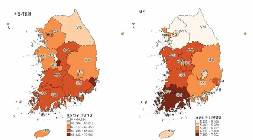 Geographical distribution of age-adjusted medical care rates, respiratory disease(left) and asthma(right)