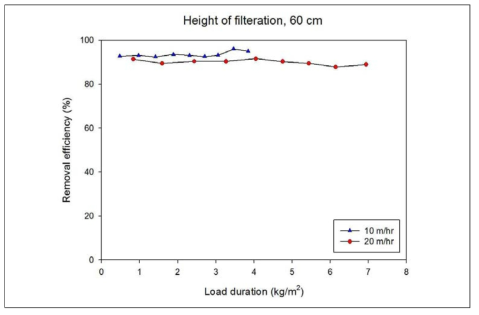 여재층 높이 60 cm의 선속도별 고형물부하에 따른 처리효율 변화