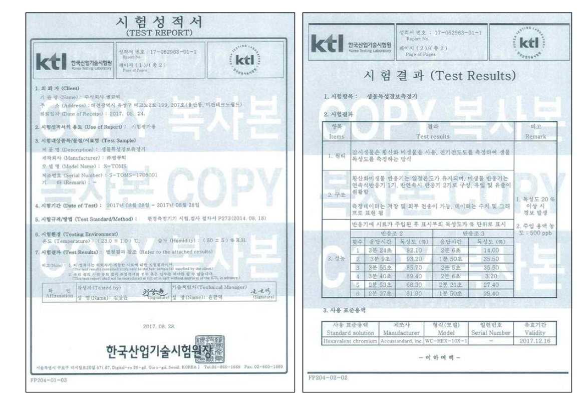 크롬 0.5ppm에 대한 독성도 공인기관 시험성적서