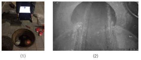 맨홀 내부 실시간 감시용 CCTV 모듈 현장평가 결과 (1)현장평가 전경, (2)맨홀 내부 촬영 결과
