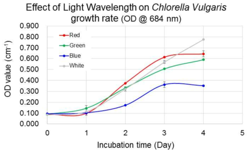 파장에 의한 Chlorella Vulgaris 성장률