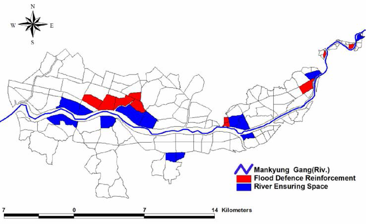 만경강 유역 하천공간확보 지역과 치수보강대책이 필요한 지역 구분