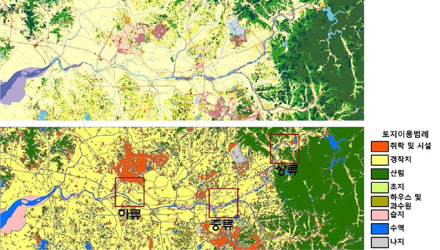 환경부 토지이용도(상) 및 1918년 토지이용도(하)