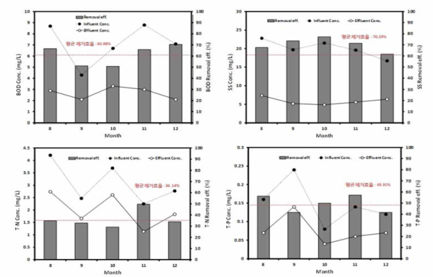 요소기술의 연계처리를 통한 평기시의 BOD, SS, T-N, T-P 농도 및 제거효율(Pilot plant)