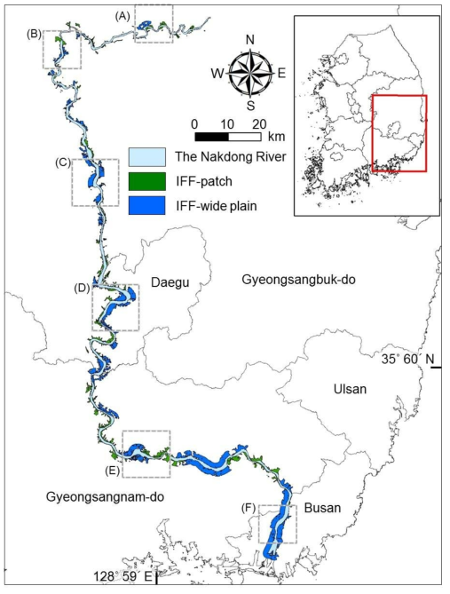 안동댐에서부터 낙동강 하구까지 구간에서 탐색된 격리/차단된 하천환경. IFF-patch는 산지로 둘러싸여 있는 소규모의 과거 홍수터를 의미하고, IFF-wide는 넓은 개활지에 위치한 과거 홍수터를 의미함. 박스로 표시된 부분은 그림 3.2.3의 토지이용 확인 구간을 의미함