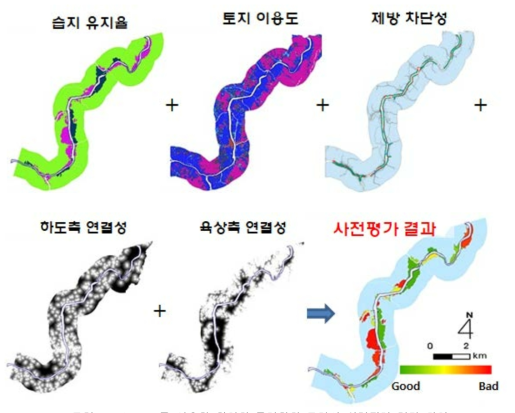 GIS를 이용한 청미천 국가하천 구간의 원격평가 결과 화면