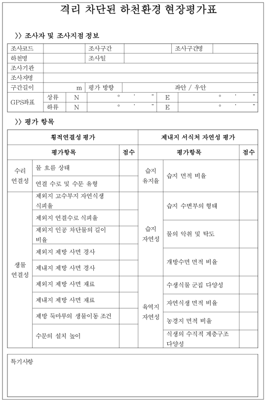 격리 차단된 하천환경 현장평가 양식