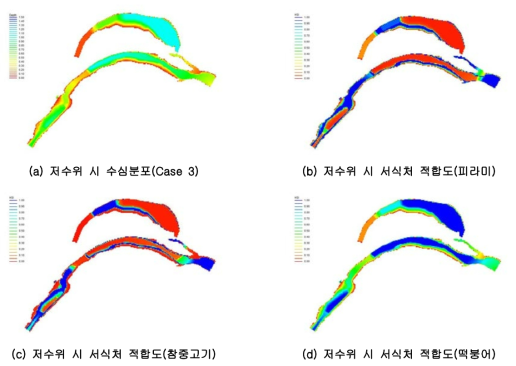 구하도 내 저수위 시 수심분포에 따른 서식처 적합도 분석 결과(Case 3)