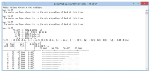 유속분포 변환결과 예시(CrossVel_section~.out)