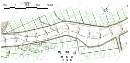 복하천 하류모의 대상구간 하천평면도