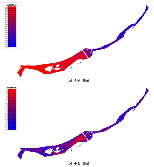중류모의 대상구간 저수시 수위 및 수심 분포