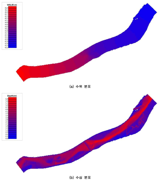 중류모의 대상구간 고수시 수위 및 수심 분포