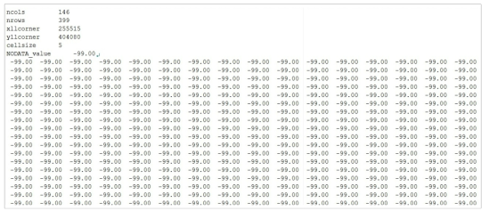 평면상의 식생 예측 분포 파일(DEM형식)의 예시