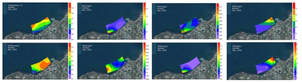 Contour plots of environmental parameters in the coast of Gueom during December 2016