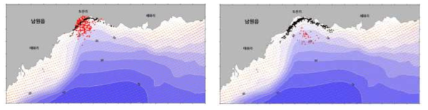 Distributions of suspended (red) and deposited particles (black) simulated by the model near Namwon-ri, Seogwipo after one (left) and two day (right)