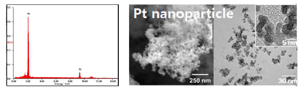 습식 합성법을 통한 Pt nanoparticle SEM/TEM(좌), EDAX(우) 분석 결과