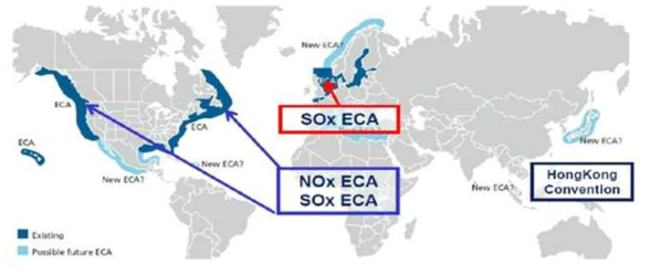 전 세계 IMO 배출가스 규제지역 및 내용, 출처:DNV-GL Report