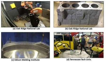 미국 선재/아크 기술을 이용한 산업 파트 예: (a)굴삭기 붐 제작 (ORNL), (b) 자동차 엔진블락 (ORNL), (c) ADED 장비 (EWI), (d) 다중재료 WAAM 시스템 (Tennessee 공대)