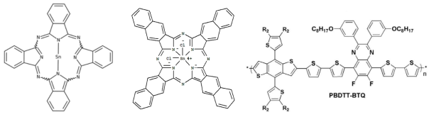 Tin(II) phthalocyanine(SnPC), Tin(IV) 2,3-naphthalocyanine dichloride(SnNCCl2), PBDTT-BTQ 의 구조