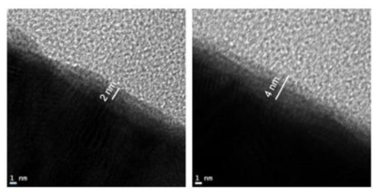 TEM cross-section images of YSZ/Ni where YSZ is ALD deposited with 4:1 Ce:Y ratio and supercycle numbers of 3 (left) and 6 (right)