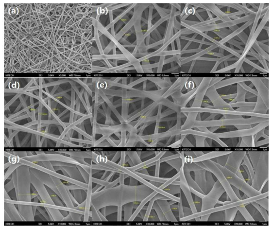 PVA10~13% 용액을 전기 방사하여 SEM으로 관찰한 morphology; (a) PVA10% 10, (b) PVA10% 15, (c) PVA10% 20, (d) PVA11% 15, (e) PVA11% 20, (f) PVA12% 15, (g) PVA12% 20, (h) PVA13% 15, (i) PVA13% 20cm