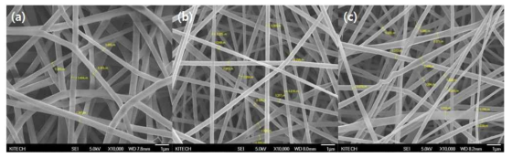 Solid 함량이 다른 용액을 전기 방사하여 SEM으로 관찰된 morphology; (a) 10:0, (b) 6:4, (c) 5:5 (PVA:HA)