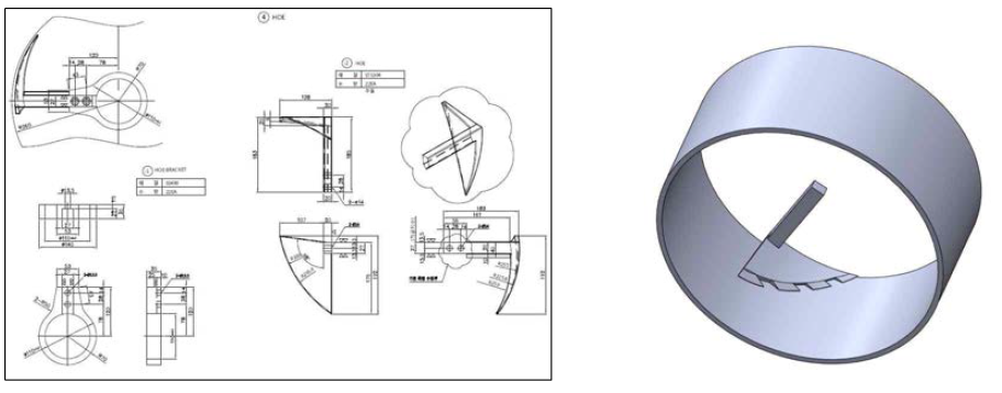 기존 혼합기용 HOE 도면(좌) 및 설계 변경안 3D 개략도(우)