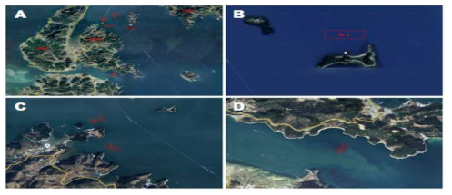 The 4 site proposed for IMTA (A). B: Sinsu-dong, Sacheon-si; C: Gain-ri, Changsun-myeon, Namhae-gun; C: Jindong-ri, Changseon-myeon, Namhae-gun