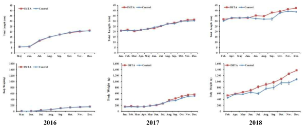 Total length and body weight of red seabream (Pagrus major) on IMTA and control