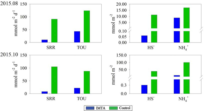 Comparison of sulfate reduction rate(SRR), total oxygen utilization(TOU), HS-, and NH4+ concentrations at IMTA and control sites in Gangjin bay