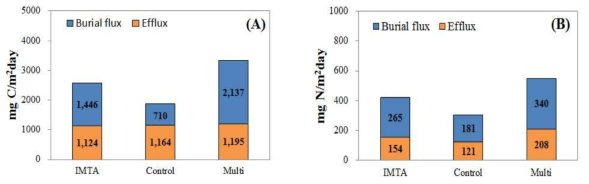 Carbon(A) and nitrogen(B) fluxes at seawater-sediment interface of IMTA, control, and multi sites in Tongyong of Korea