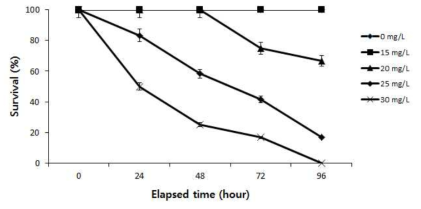 Survival rate of grouper exposed to the different ammonia concentration according to the exposure periods