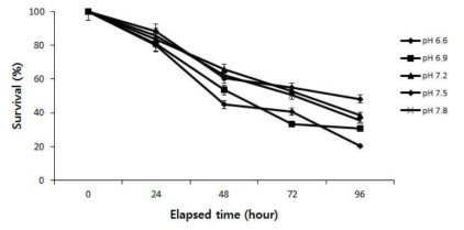 Survival rate of grouper exposed to LC50 concentration (LC50은 26.7 mg/L) according to the different pH