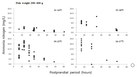 Ammonia (NH3-N) excretion rate (mg/L) of grouper (200~400 g) according to water temperatures and postprandial periods