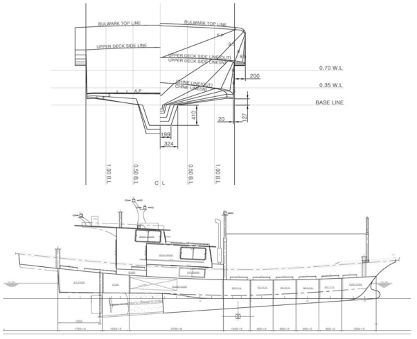 Bodyplan and General arrangement of G/T 4.99ton ton class coastal fishing boat