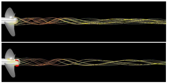 Shape of hub vortex by conventional propeller (w/o, w/ Fin)