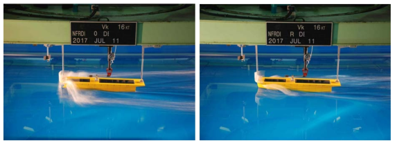 Resistance test on the towing tank(speed: 16knots, left: conventional, right: modified)