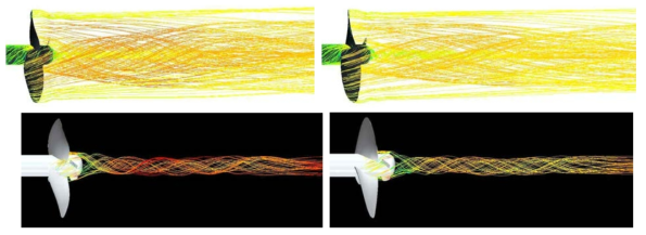 Shape of hub vortex by propeller for 9.77ton class ship(left: conventional, right: modified)